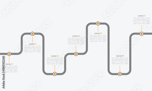 Infographic roadmap design template. Business Timeline of 7 Important Business Events annual business presentation. Vector illustration