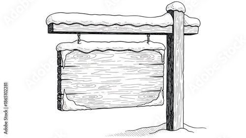 A detailed black and white sketch depicts a weathered wooden signpost covered in snow awaiting a message