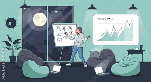 Energetic Presentation Man Explaining Growth Chart in Modern Office.