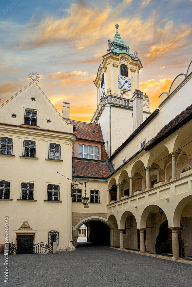 Fototapeta premium Bratslava old town hall courtyard with medieval architecture at sunset