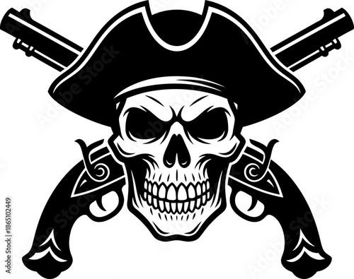 Pirate skull with crossed pistol gun and tricorn hat. Skeleton head emblem, spooky symbol, Halloween concept. Vector illustration