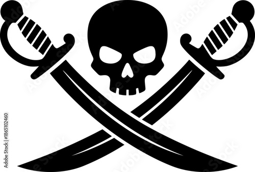Black pirate skull and crossed sabers symbol. Jolly Roger concept. Simple icon. Vector illustration for Halloween, flag, emblem, logo