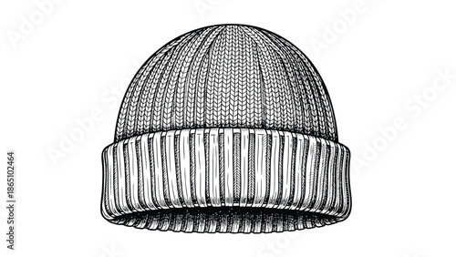 A detailed monochrome illustration depicts a classic knit beanie hat with textured ribbing showcasing winter wear