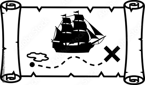 Pirate treasure map with a sailing ship and secret location mark. Adventure concept. Vector illustration for game design, web, banner