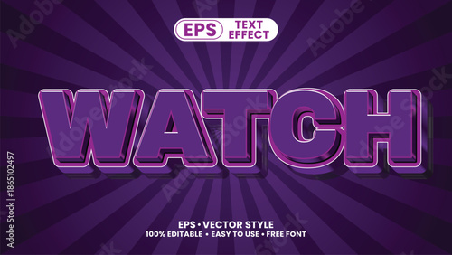 Watch editable text effect, purple 3d typography on sunburst radial background. Vector editable lettering template for streaming, video previews, and cinema titles.