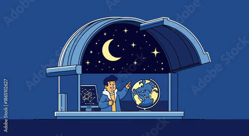 Illustration of a man in an observatory with celestial objects.
