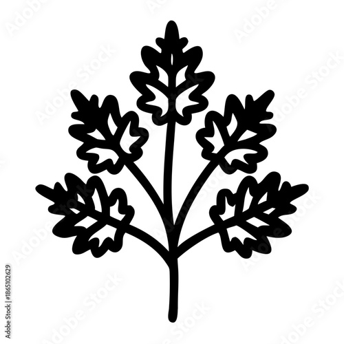 Simple black line art icon of a leafy plant or herb with multiple branches
