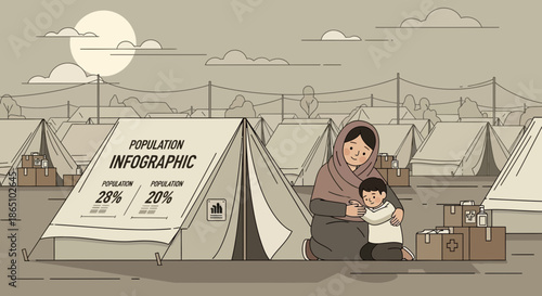 Illustration of a Mother and Child in a Refugee Camp.