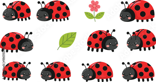 Set of cute cartoon ladybugs in different positions with pink flower and green leaf isolated on white background for kids design