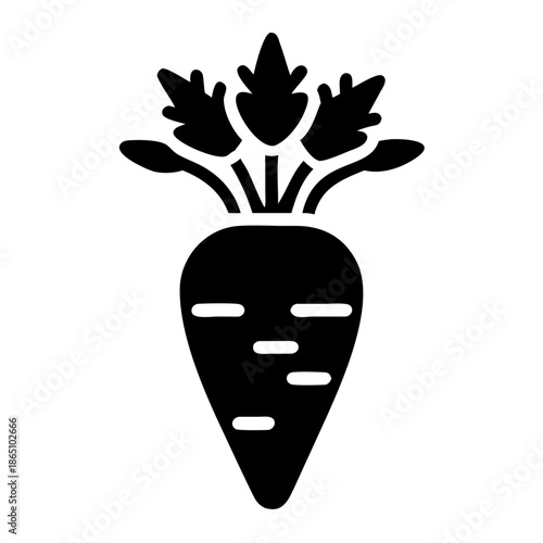 A simple black glyph of a fresh carrot with its green leafy top, ready for harvest