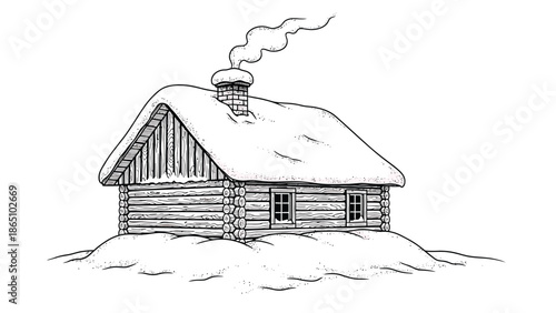 A quaint hand drawn sketch depicts a cozy log cabin nestled in a snowy landscape with smoke rising