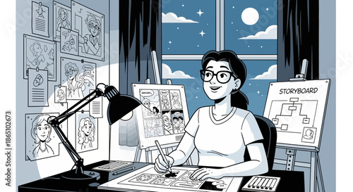 Illustrator at Work A Focused Artist Creating Storyboards.