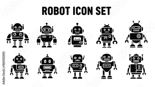 Collection of diverse robot icons in a black and white graphic style