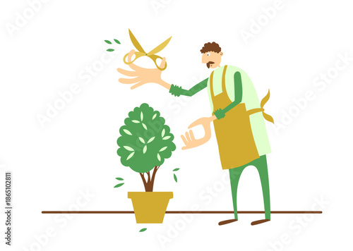 Gardener pruning and shaping a small tree in a pot, metaphor for care, growth and business development, flat vector illustration.