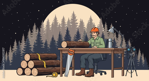 Lumberjack at Work A Detailed Illustration of Woodworking Under Moonlight.