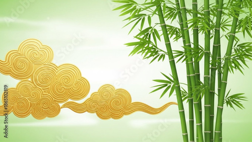 Green bamboo with golden oriental clouds
