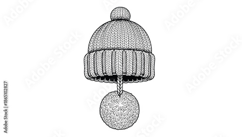 A detailed sketch depicts a knitted winter hat with a pom pom and a dangling circular element