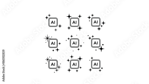 An arrangement of ai symbols surrounded by twinkling stars on a white background