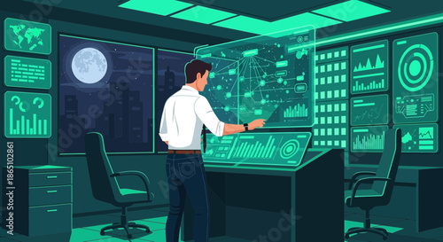 Man Analyzing Data on Futuristic Screens in Control Room.