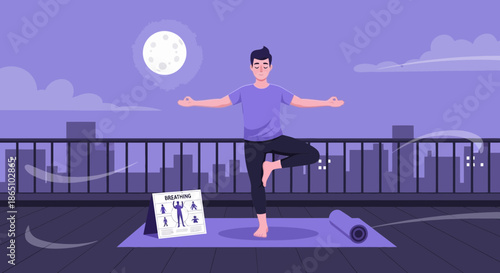 Man practicing tree pose yoga on rooftop under moonlight.
