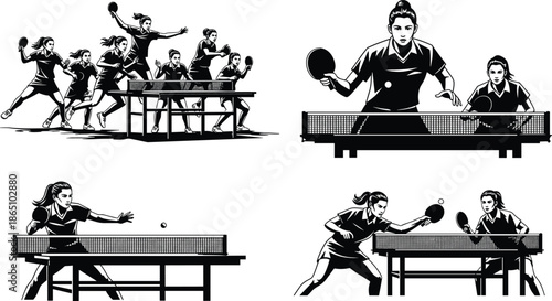 Set of women playing table tennis silhouettes isolated on white background, flat vector illustration for ping pong sports club design