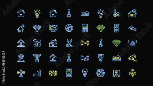 Collection of glowing neon line icons representing smart home and automation systems