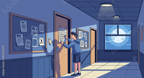 Student Posting Flyer on School Bulletin Board in Hallway.