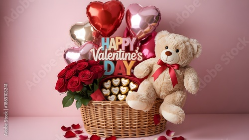 A Valentine's Day gift basket with a teddy bear and roses
