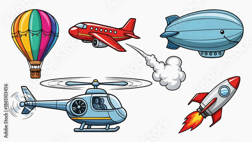 Cartoon Air Transportation Set with Rocket Airplane and Helicopter