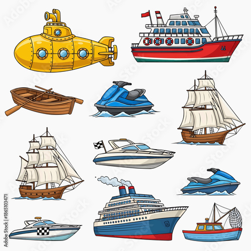 Vector Cartoon Water Transportation Set With Ships Submarine and Boats
