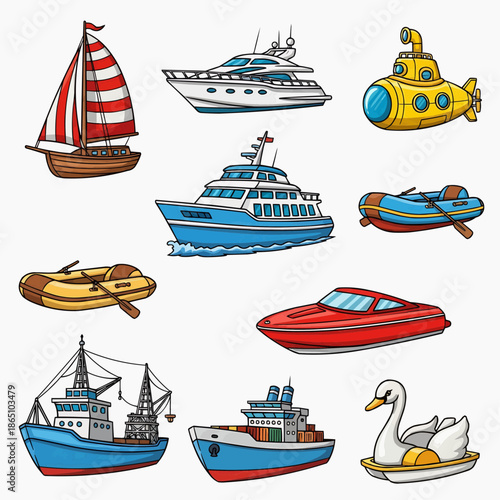Cartoon Water Transport Vector Set with Ships Boats and Submarine