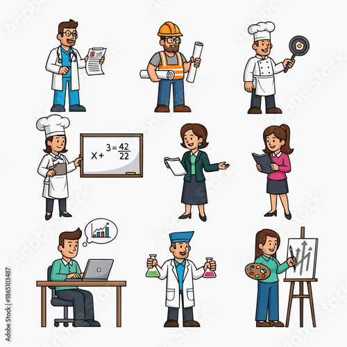Diverse Professional Characters and Career Occupations Cartoon Vector Set
