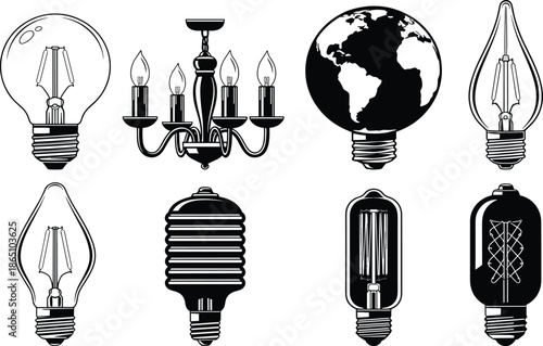 Vintage light bulb and chandelier vector collection, black and white lighting icons, electric lamp set, globe and edison bulb silhouettes.