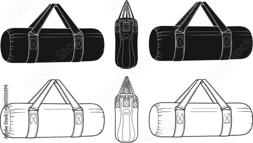 Vector set of sports punching bags and gym duffle bags in black silhouette and outline style isolated on white background,