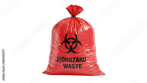 Red biohazard waste bag with png isolated transparent background black biohazard symbol and text on black background