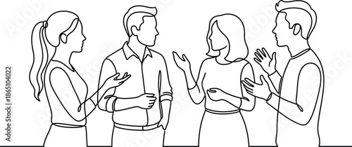 Continuous one line drawing of diverse group of young office colleagues talking together in minimalist elegant black and white style