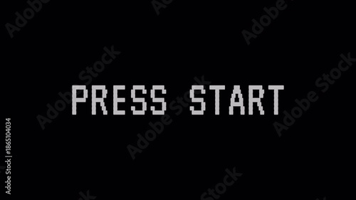 Press Start animation  on transparent background, black retro game screen, start prompt, Classic video game intro, Vintage game UI, Animated start message, Press Start text video in 4k.
