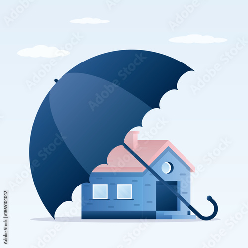 House under umbrella. Property protection concept. Home insurance. House insurance concept. Real estate protection, home safety, security.