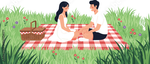 Young couple having romantic picnic on red checkered blanket in green grass meadow, summer date in nature flat vector illustration,