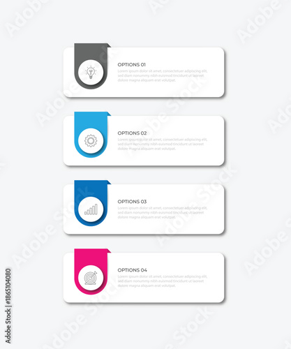 4 steps infographic template with 4 options. Flowchart that can be used for business report, data visualization and presentation. Timeline infographic elements vector illustration