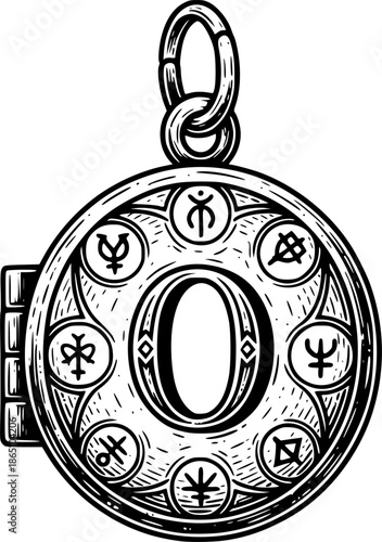 Detailed Engraving of Antique Locket with Mystical Symbols and O
