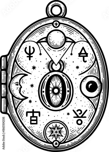 Detailed Engraving of Antique Locket with Mystical Symbols and O
