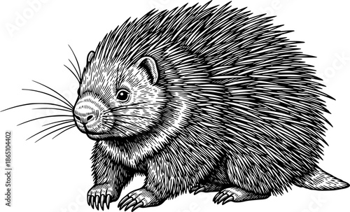 Detailed Engraving of a Porcupine in Black and White Classic Sty
