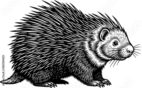 Detailed Engraving of a Porcupine in Black and White Classic Sty
