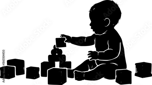 Playful Cub: Silhouette of Baby with Toy Blocks in Simple Sumi-e
