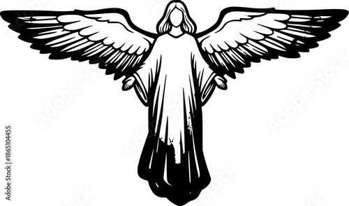Ethereal angel depicted in monochromatic ink wash illustration s
