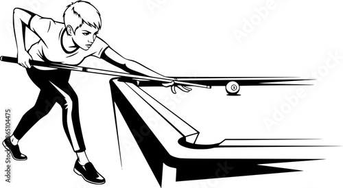 Dynamic monochrome sketch of a female billiards player poised to
