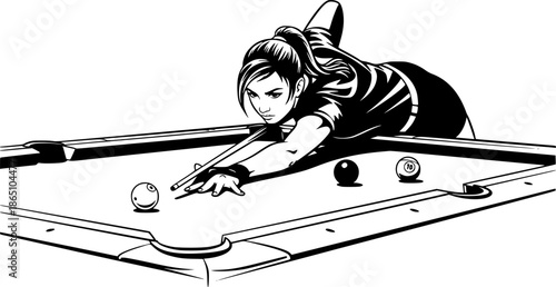Dynamic monochrome sketch of a female billiards player poised to
