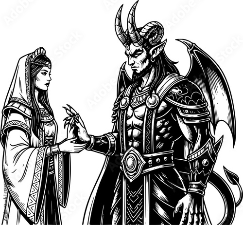 Engraving Depicting Demon King and His Priestess Holding Ceremon
