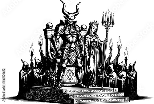 Engraving Depicting Demon King and His Priestess Holding Ceremon
